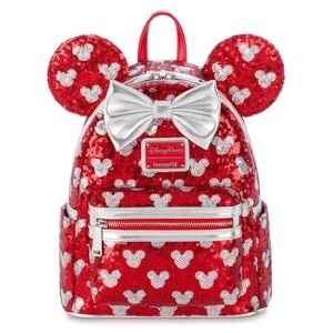 DisneyParks Loungefly Minnie Mouse Sequin Mini Backpack with Silver Bow NWT